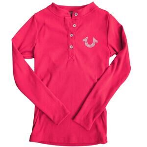 True Religion Y2K Ribbed Henley Top Women XS Rhinestone Red Elena Bella Stretch